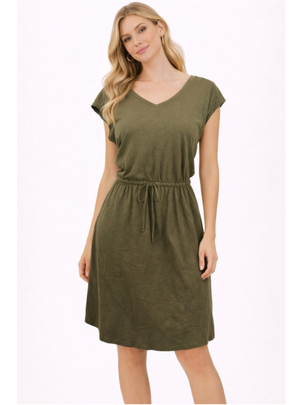 Boden V-Neck Sleeveless Olive Dress Size US Pockets Cinched Waist Boho Cotton